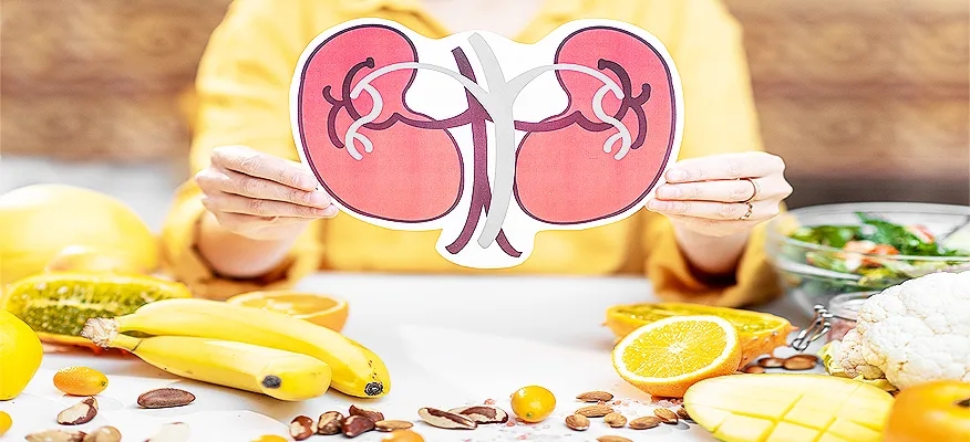 Holding human kidneys model with healthy foods for kidney health