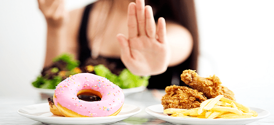 Healthy lifestyle for fatty liver showing avoidance of junk food like donuts and fried chicken