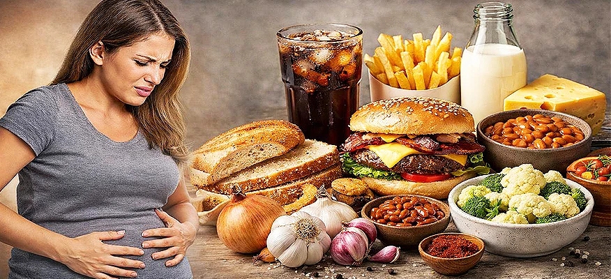 Woman suffering from bloating after eating foods that are known to cause bloating