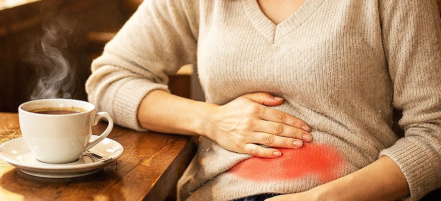 Woman feeling bloated after coffee – can coffee cause bloating symptoms